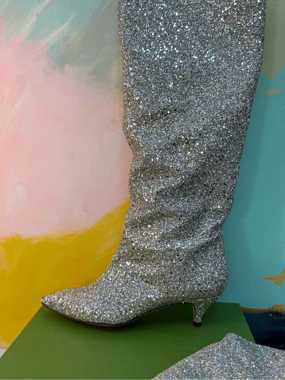 kate spade Silver Glitter Knee-High Pointed-Toe Low-Heel Boots